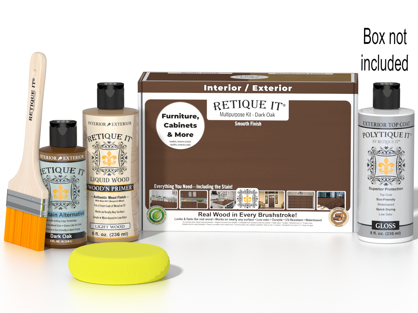 Retique It® Multi-purpose Smooth Finish Kit in Dark Oak for exterior wood top coating, includes application tools and finish components.