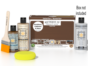 Retique It® Multi-purpose Smooth Finish Kit in Dark Oak for exterior wood top coating, includes application tools and finish components.