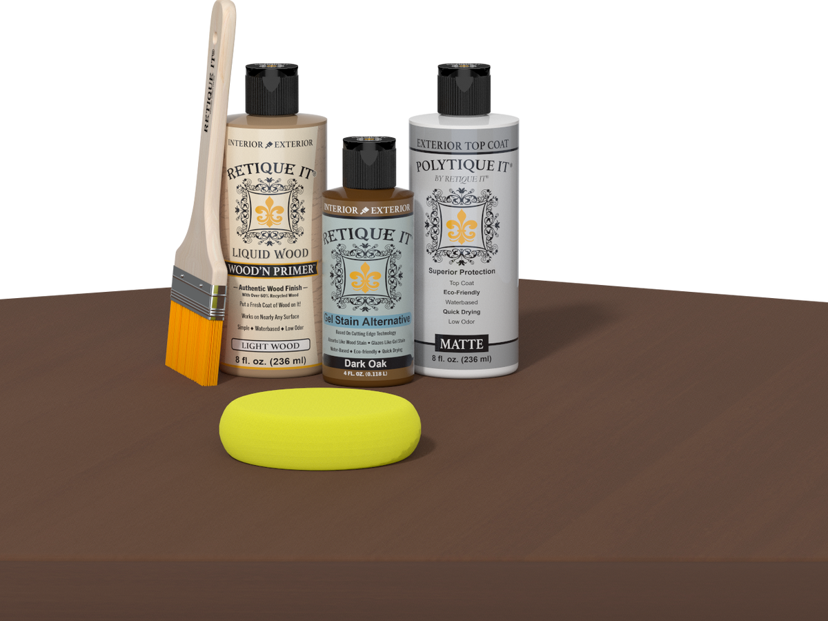 Retique It® Dark Oak exterior wood finish kit with smooth top coat applied to a wooden table surface.