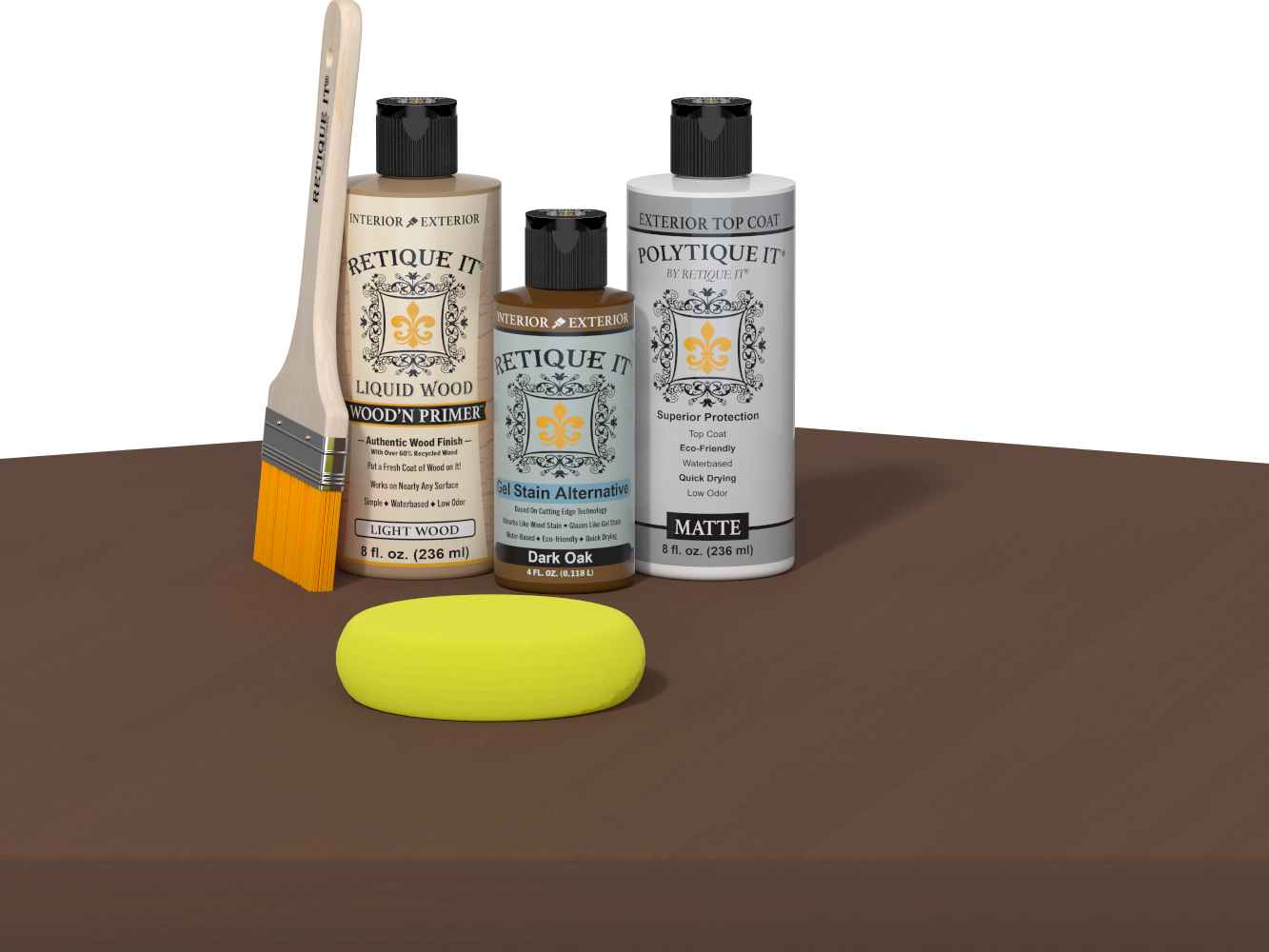 Retique It® Dark Oak exterior wood finish kit with smooth top coat applied to a wooden table surface.