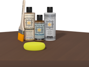 Retique It® Dark Oak exterior wood finish kit with smooth top coat applied to a wooden table surface.