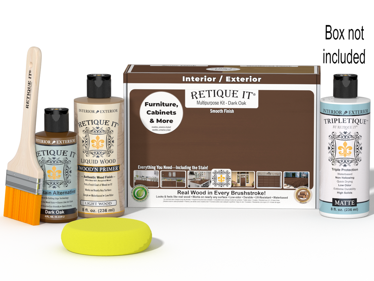 Retique It® Multi-purpose Smooth Finish Kit in Dark Oak for interior wood topcoats, includes application tools and finishing supplies.