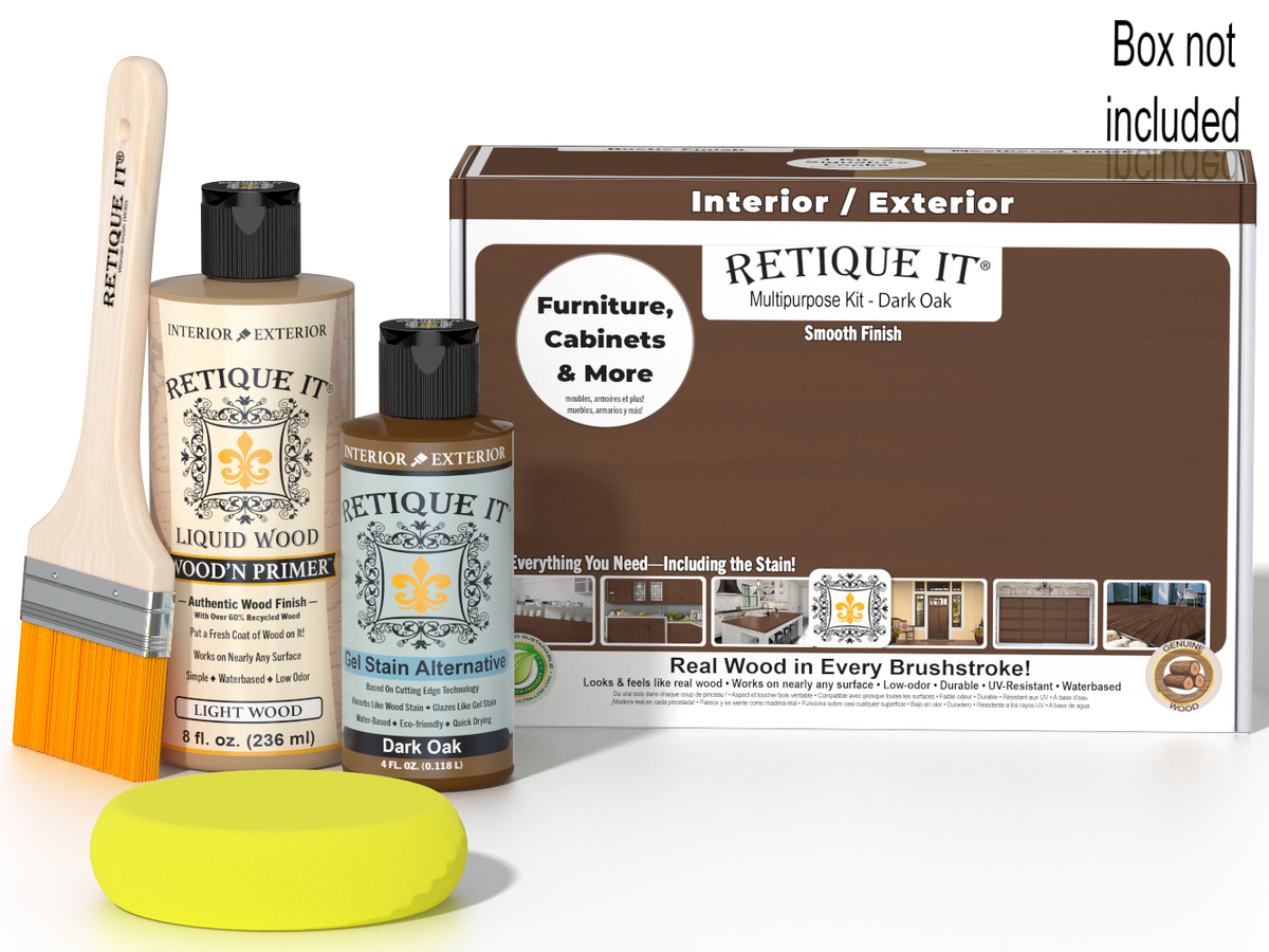 Retique It® Multi-purpose Smooth Finish Kit in Dark Oak wood tone, includes tools and supplies for wood finishing projects.