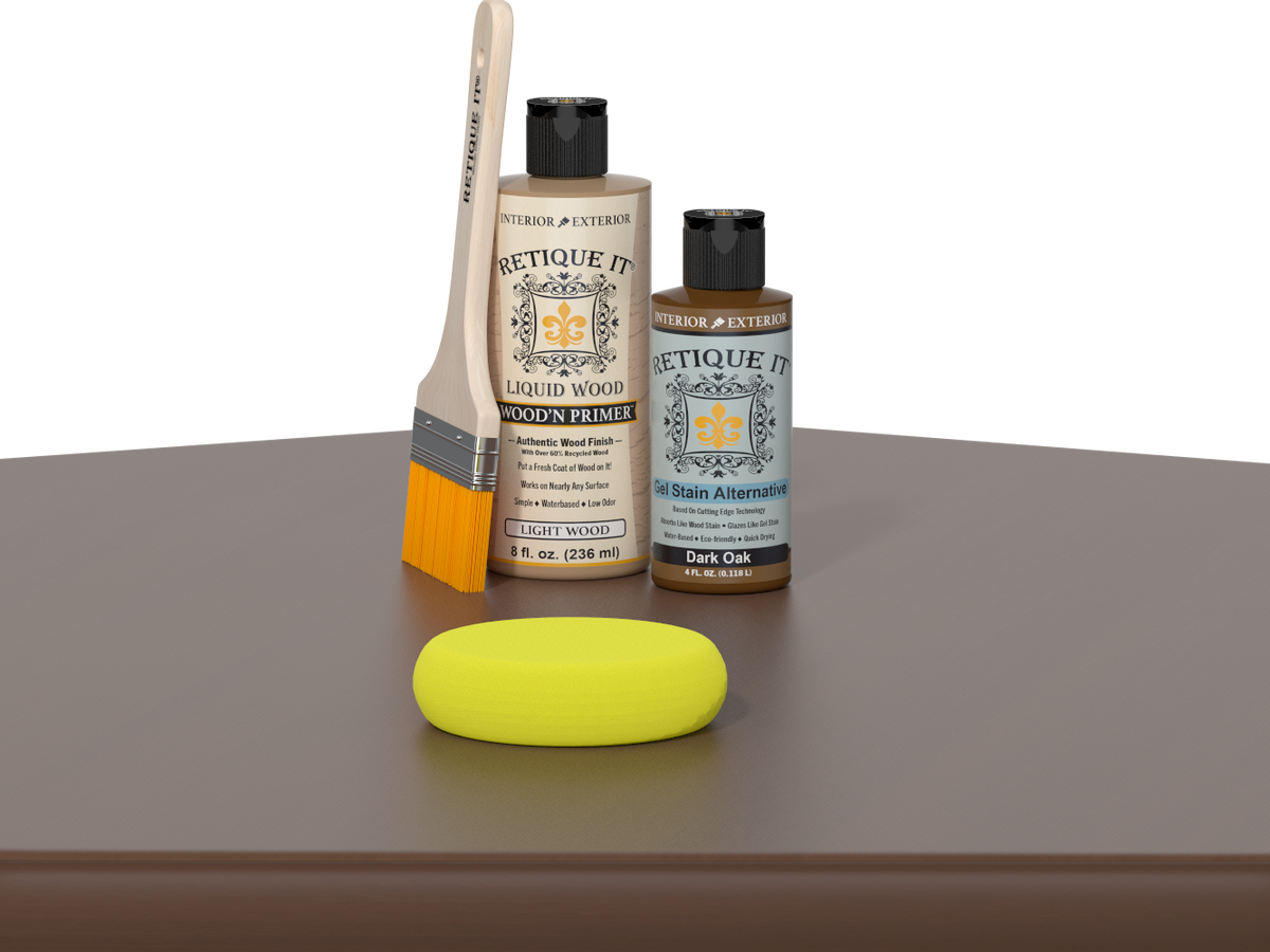 Dark oak wood finish kit from Retique It®, featuring smooth finish tools and products for multi-purpose wood projects.