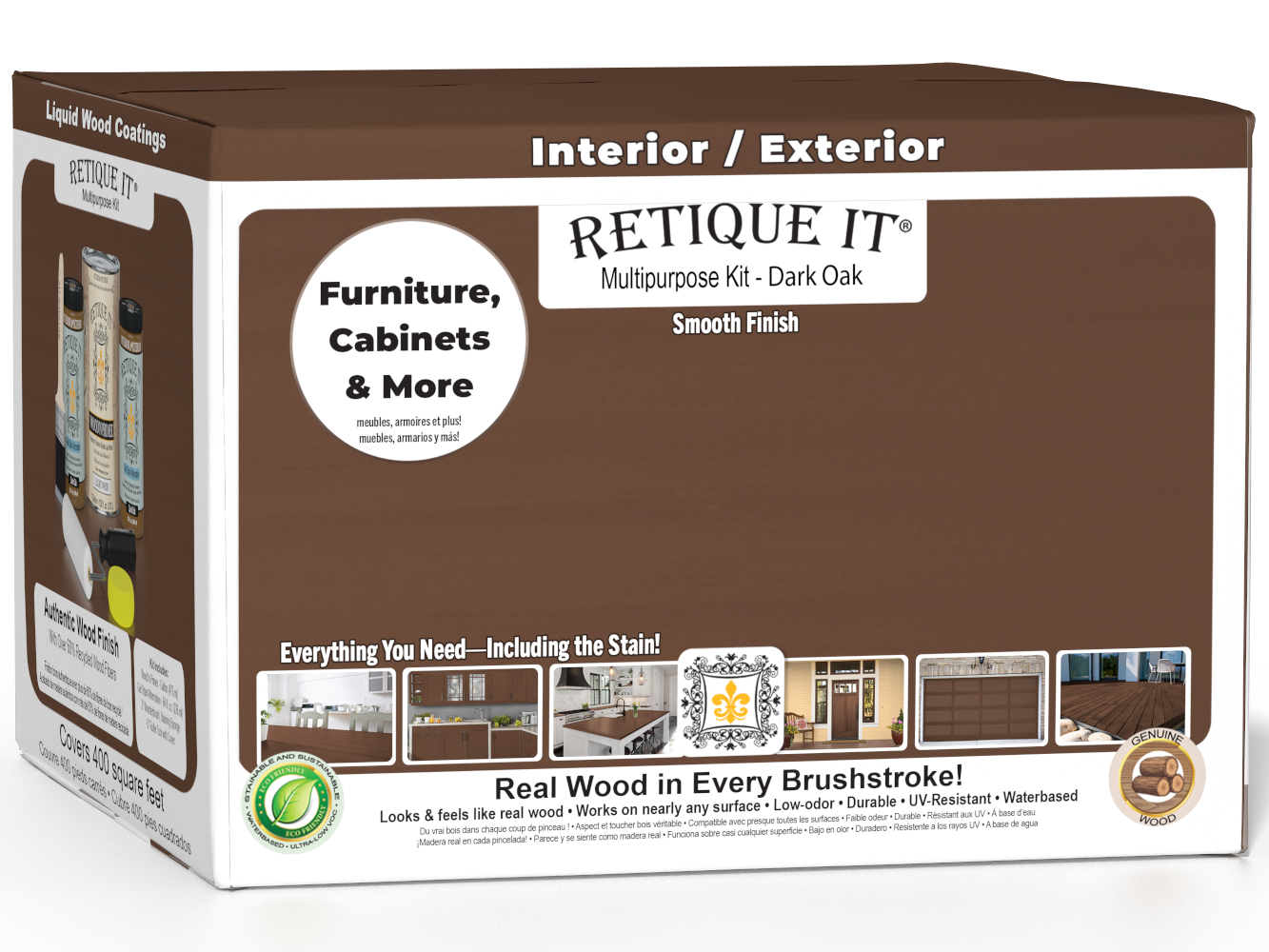 Retique It® Multi-purpose Smooth Finish Kit in Dark Oak for wood interior top coat, featuring four large matte finish containers.