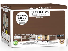 Retique It® Multi-purpose Smooth Finish Kit in Dark Oak for wood interior top coat, featuring four large matte finish containers.