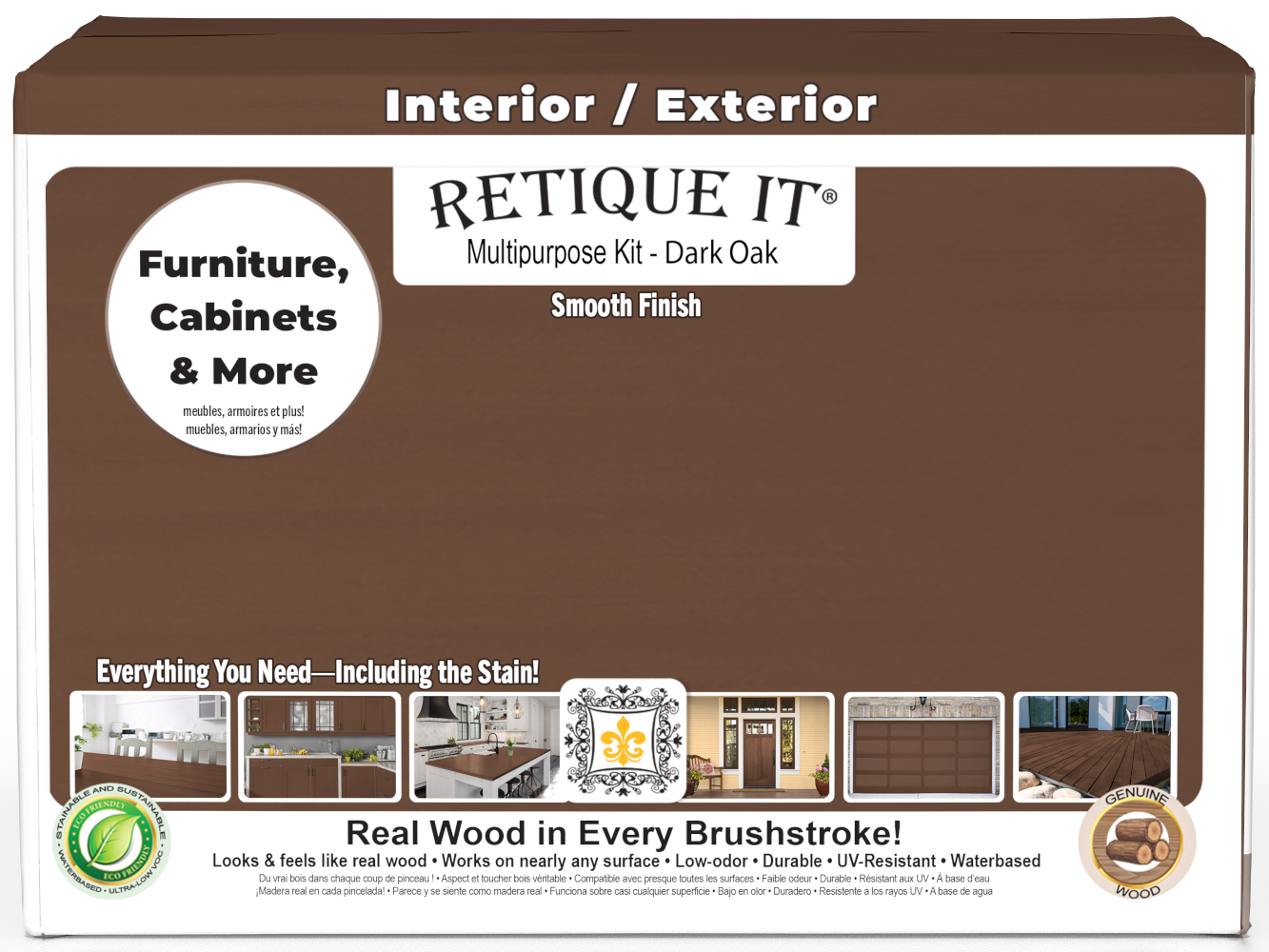 Retique It® Wood'n Finish Kit with four dark oak interior top coat bottles, smooth matte finish on wood surfaces.