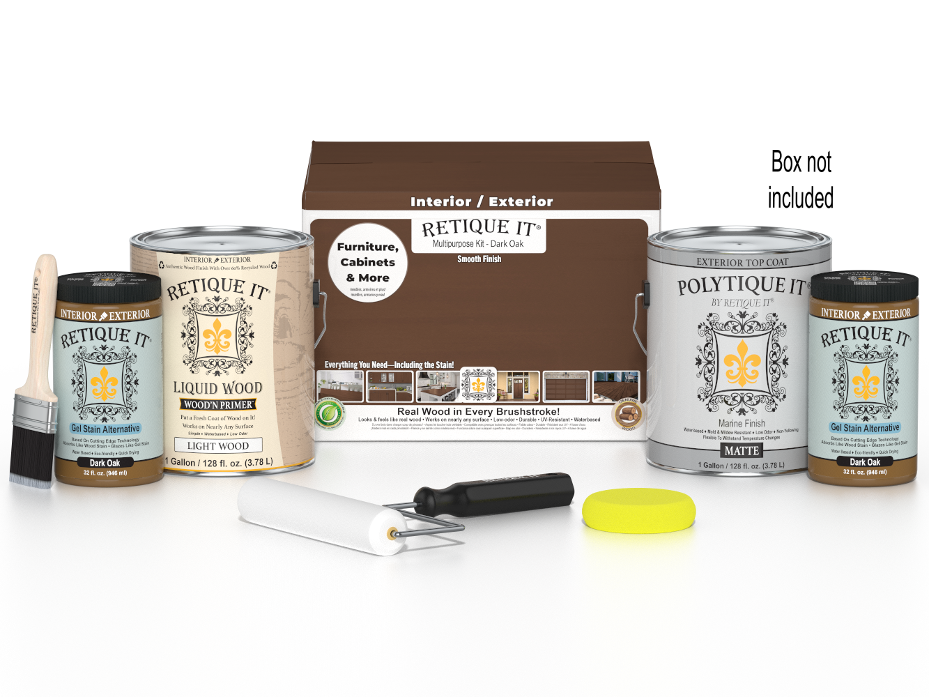 Retique It® Wood'n Finish Kit in Dark Oak with four large containers, exterior top coat for smooth wood finishing.