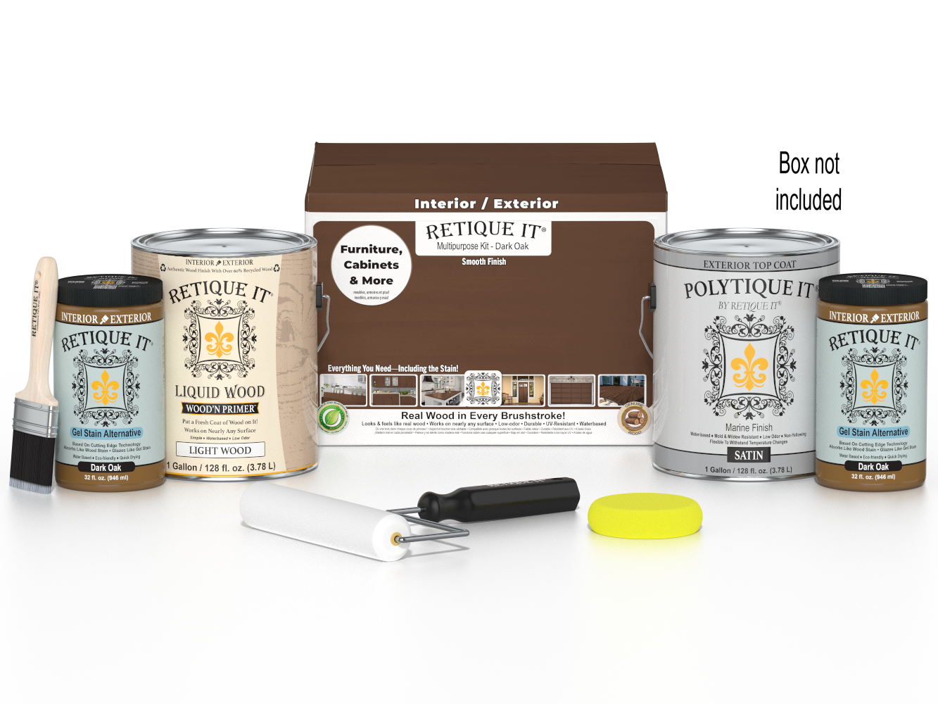 Retique It® Multi-purpose Smooth Wood'n Finish Kit in Dark Oak with four large exterior top coat bottles and application tools.