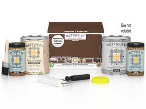 Retique It® Multi-purpose Smooth Wood'n Finish Kit in Dark Oak with four large exterior top coat bottles and application tools.