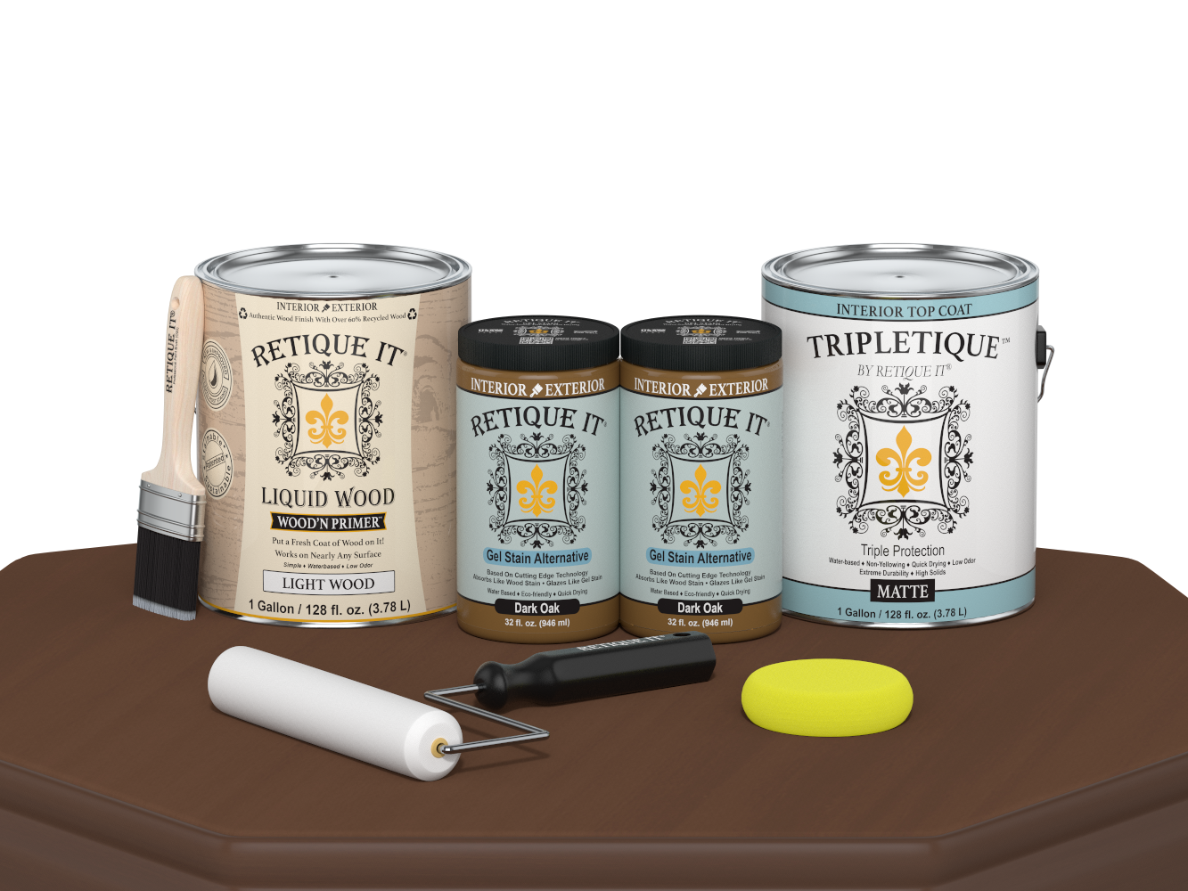 Retique It® wood finish kit with four dark oak satin top coats for interior wood surfaces, including smooth finish components.