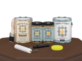 Retique It® wood finish kit with four dark oak satin top coats for interior wood surfaces, including smooth finish components.