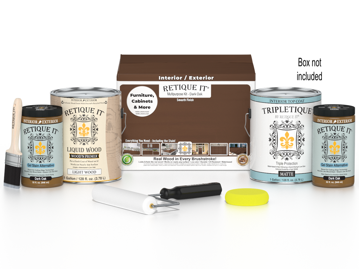 Retique It® Multi-purpose Smooth Finish Kit with 4 dark oak interior top coat bottles and applicator tools in a box.