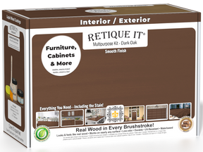 Retique It® Multi-purpose Smooth Finish Kit in Dark Oak for wood finishing, shown in a box with application tools and sample wood.