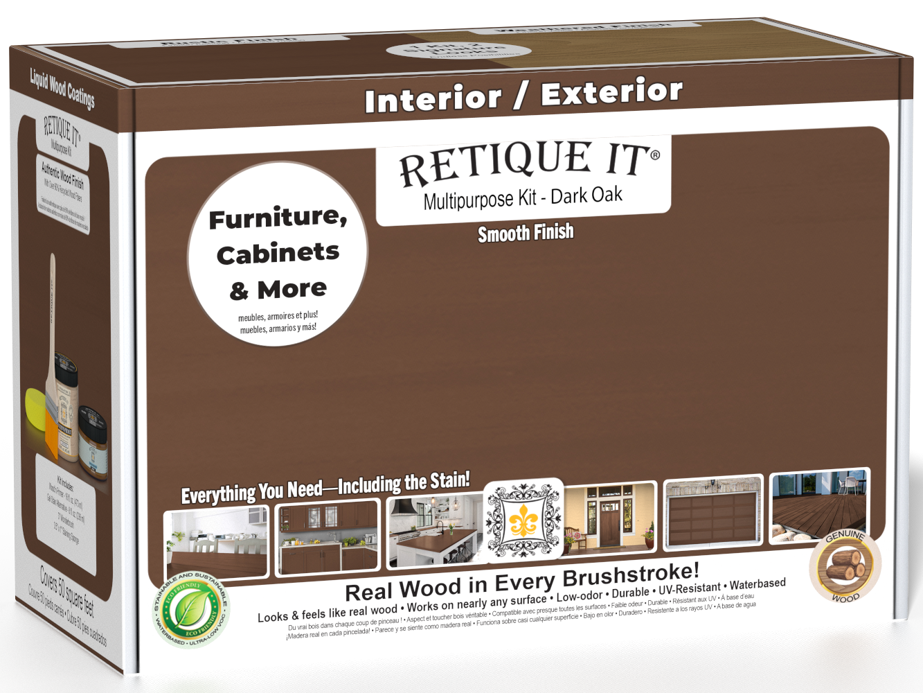 Retique It® Multi-purpose Smooth Finish Kit (Med) in Dark Oak for exterior wood projects, includes top coat in satin finish.