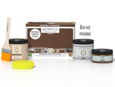 Retique It Multi-purpose Smooth Finish Kit in Dark Oak for exterior wood projects, includes top coat and application tools.