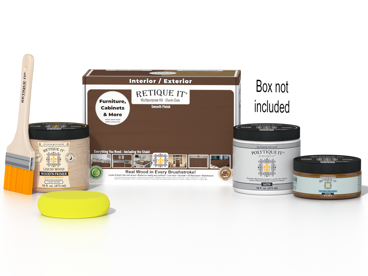 Retique It Dark Oak Multi-purpose Smooth Finish Kit for exterior wood, includes top coat and application tools.