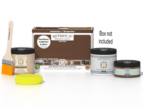 Retique It® Dark Oak multi-purpose exterior top coat kit with satin finish, featuring wood finish supplies and tools in the box.