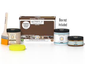 Retique It® Dark Oak Multi-purpose Smooth Finish Kit for interior wood top coats, includes application tools and product packaging