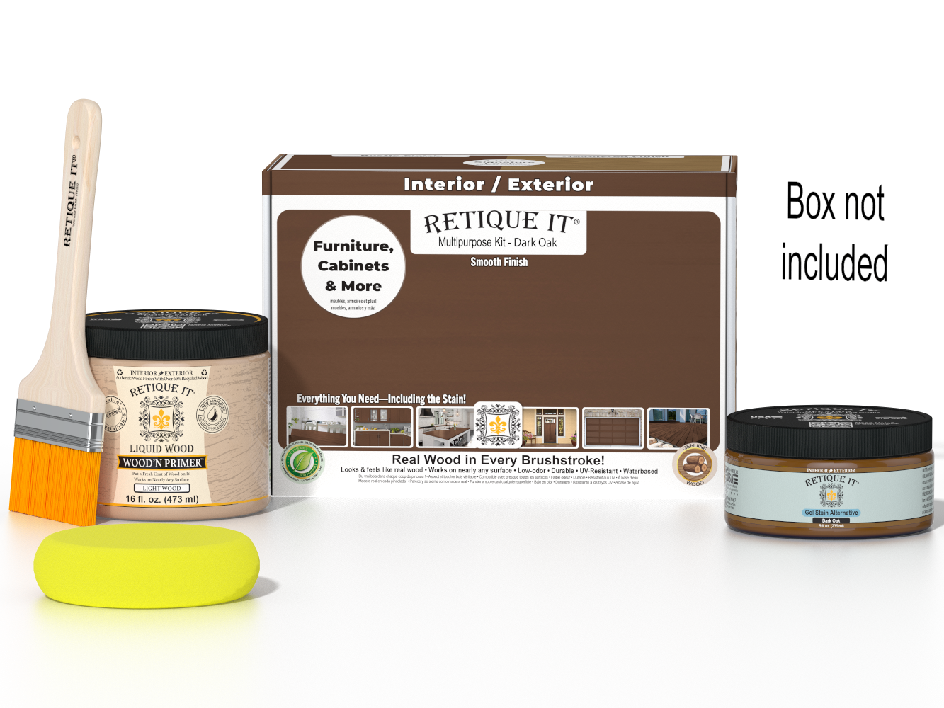 Retique It® Dark Oak Multi-purpose Smooth Finish Kit (Med) with wood finish products and application tools in a box.
