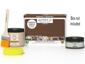 Retique It® Dark Oak Multi-purpose Smooth Finish Kit (Med) with wood finish products and application tools in a box.
