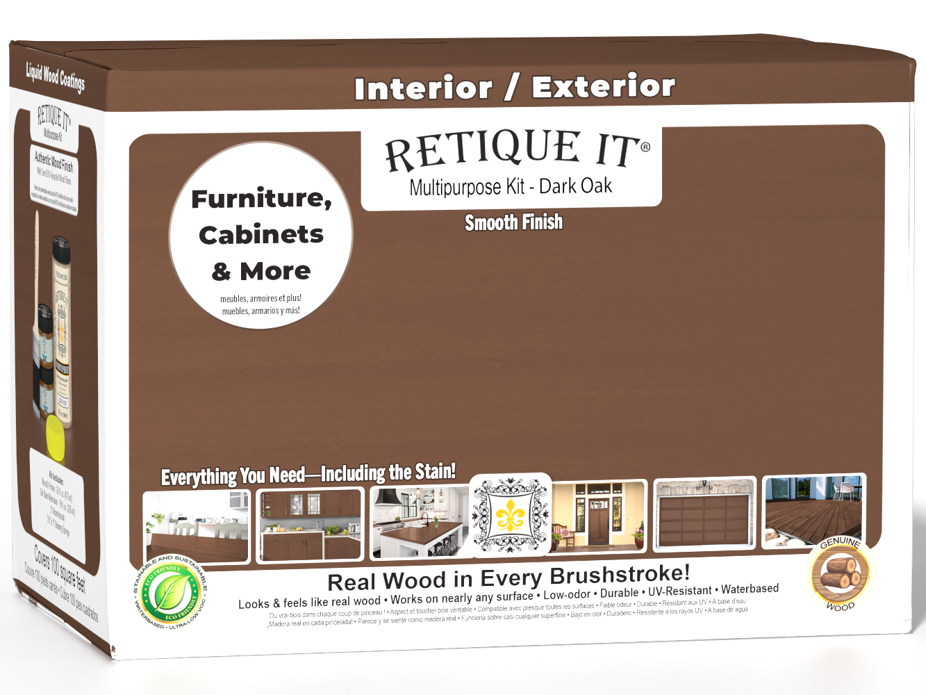 Large Dark Oak Wood'n Finish Kit by Retique It® with smooth finish, including multiple application tools and materials in a box.
