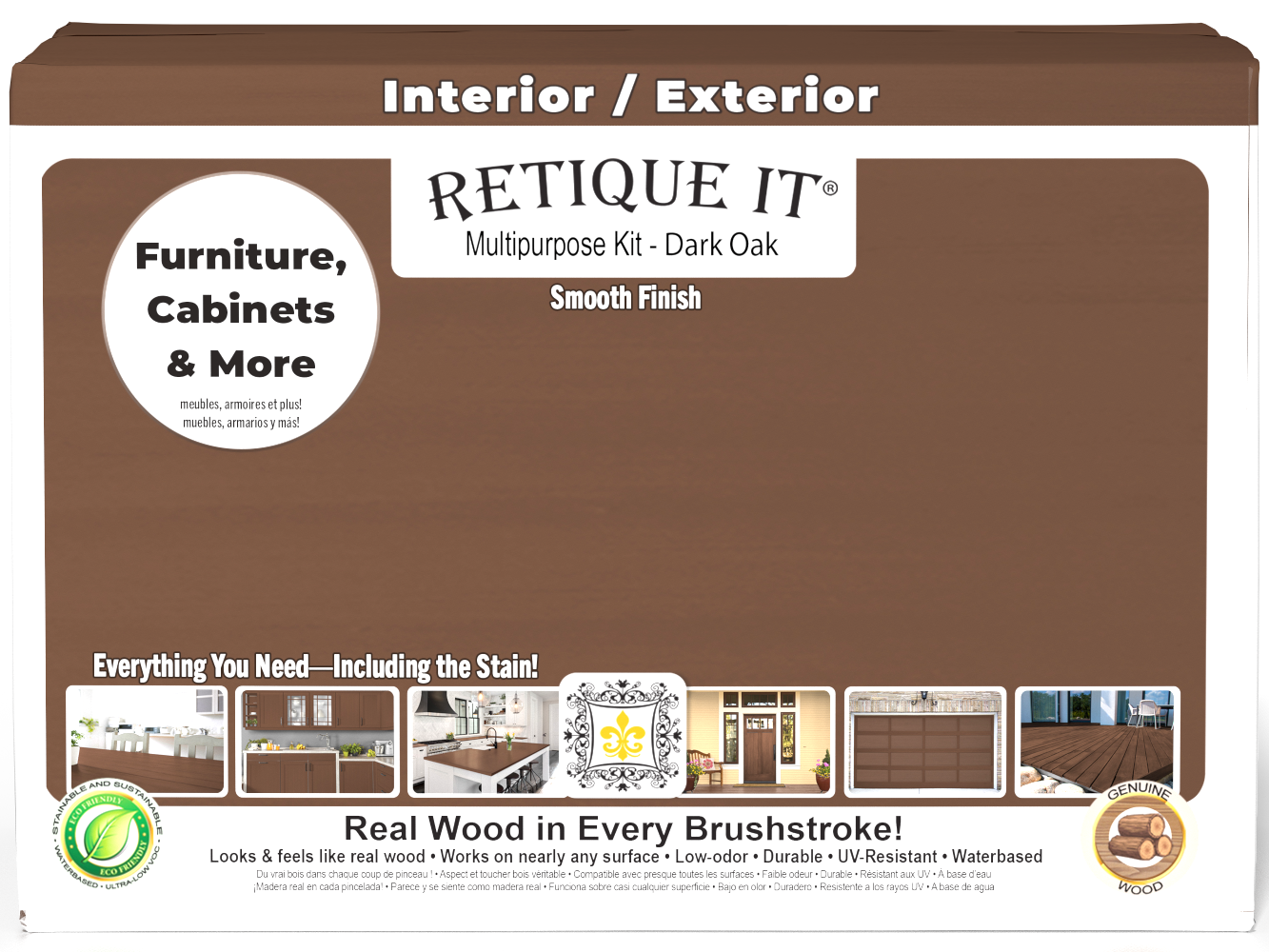 Large Dark Oak Wood'n Finish Kit exterior top coat with smooth, matte finish in a box from Retique It® for wood projects.