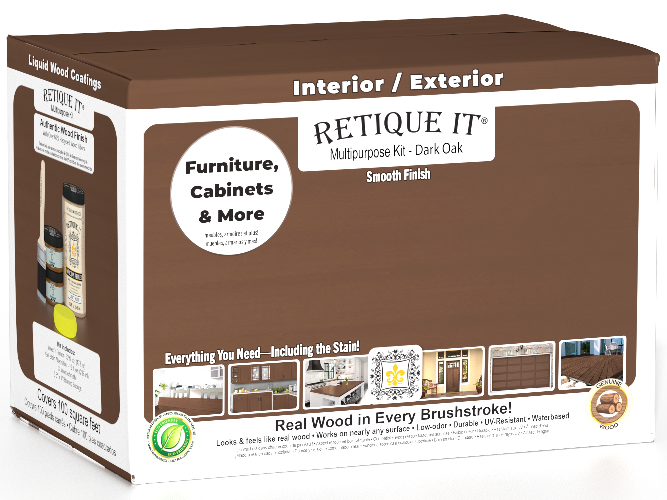Large Dark Oak Multi-purpose Smooth Finish Kit from Wood'n Finish Kits by Retique It® with interior satin top coat and applicator tools.