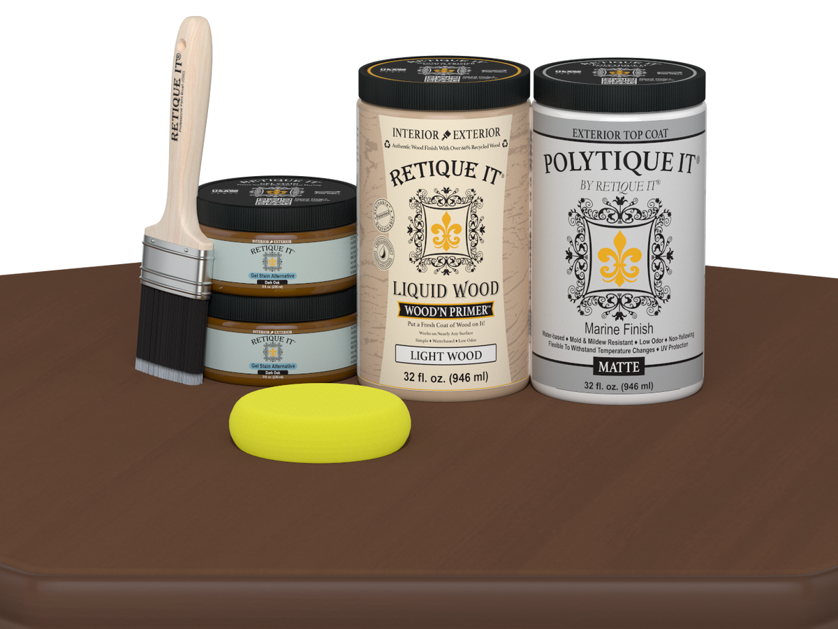 Large dark oak wood finish kit by Retique It® with satin exterior top coat, includes tools for smooth, multi-purpose wood refinishing.