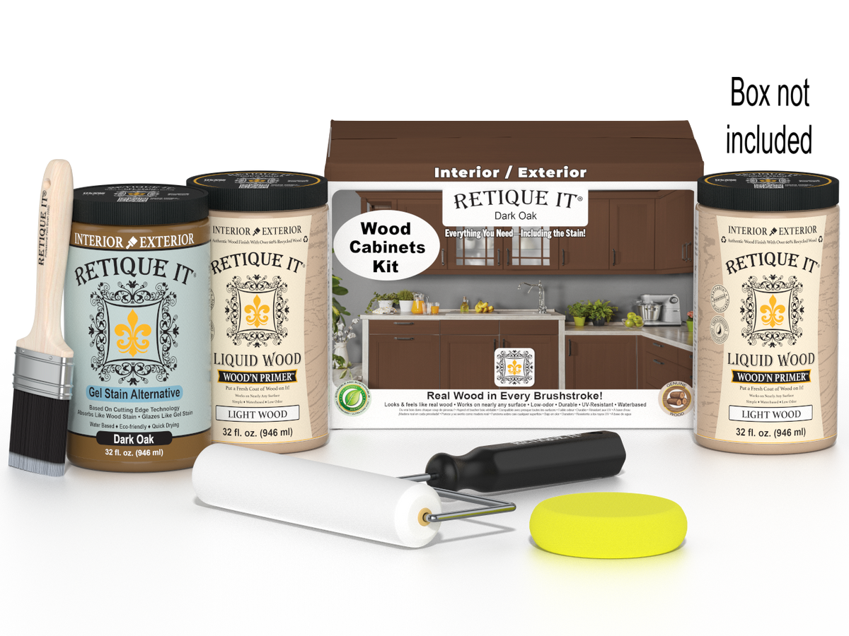 Dark oak wood cabinet kit with 24 smooth doors by Retique It® for DIY stains and furniture refinishing projects.