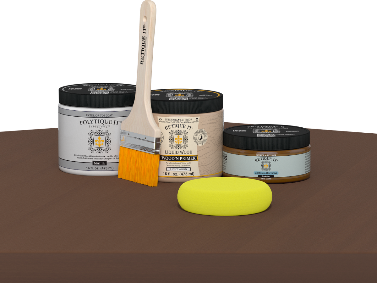 Dark Oak wood finish kit from Retique It for exterior top coat, includes smooth matte finish for multi-purpose wood surfaces.