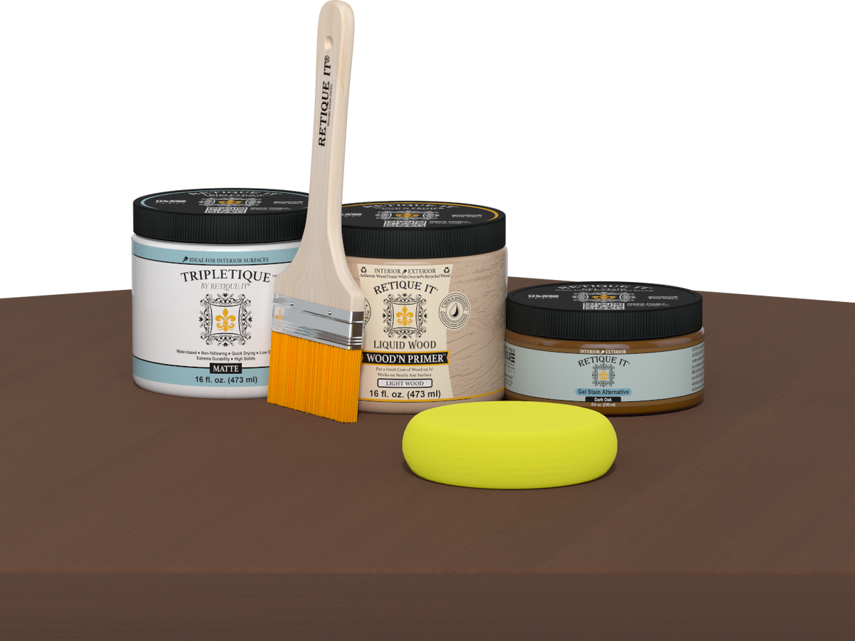 Retique It® Dark Oak satin interior top coat from the Multi-purpose Smooth Finish Kit (Med) for wood furniture and surfaces.