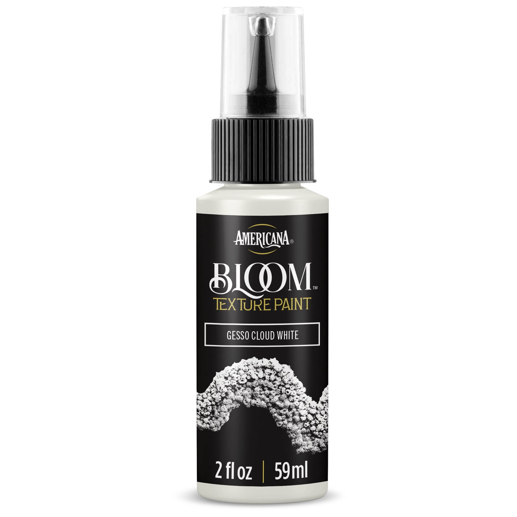 DecoArt Bloom Texture Paint Gesso in Cloud White, showing a textured gesso surface with a smooth, matte finish.
