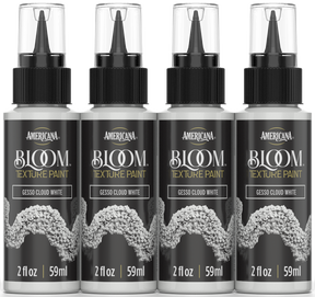 Retique It® Bloom Texture Paint Gesso Cloud White 4-pack, showing front view of textured paint bottles with white caps.