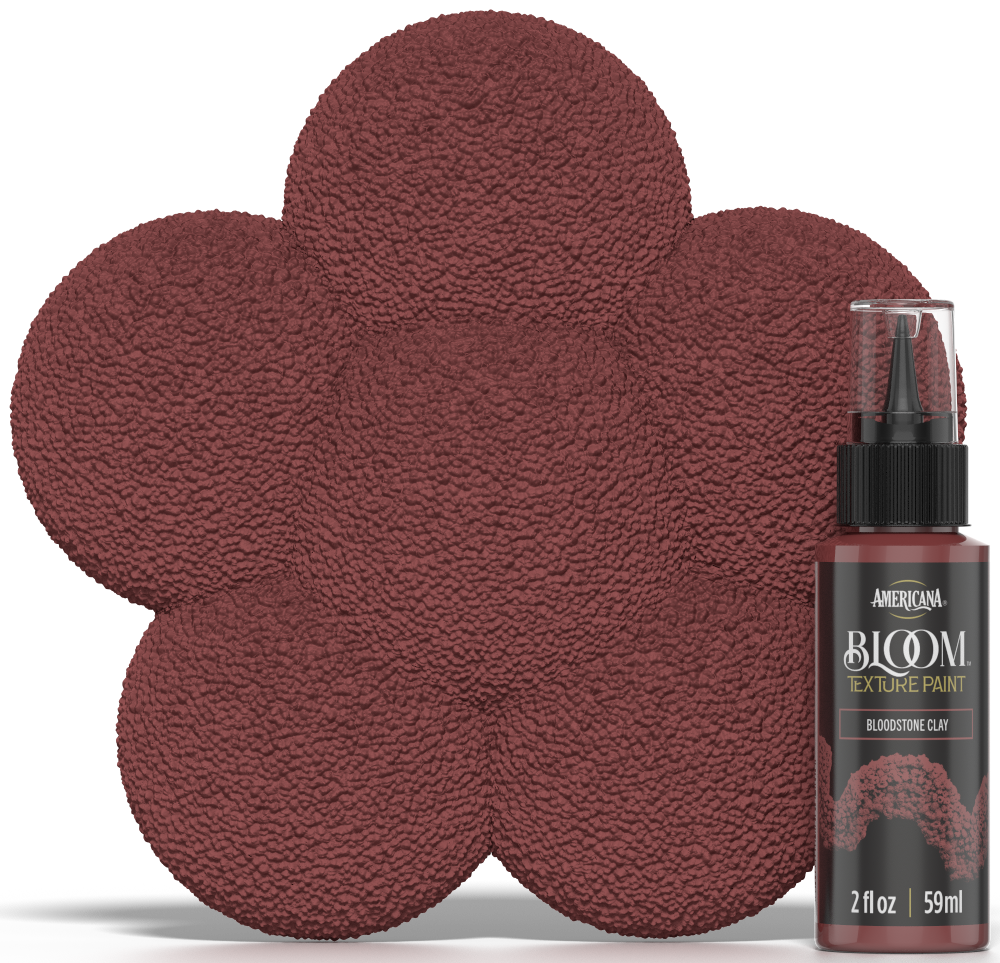Retique It® Bloom Texture Paint 4pk in Bloodstone Clay displayed next to color swatch, showcasing textured paint bottles.