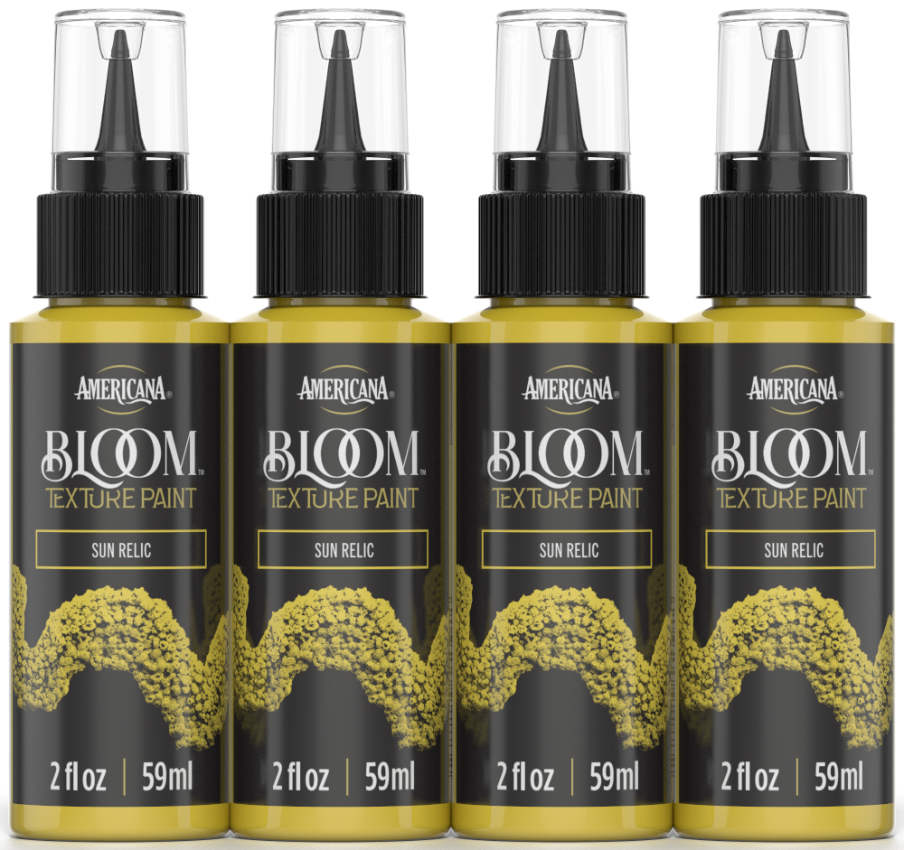 Retique It® Bloom Texture Paint 4-pack in Sun Relic color, showing textured paint tubes and vibrant finish on surfaces.