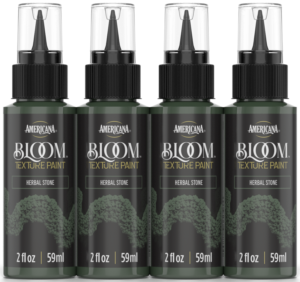 Retique It® Bloom Texture Paint 4-pack in Herbal Stone with textured, decorative paint cans shown from the front.