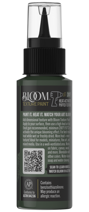 Retique It® Bloom Texture Paint 4pk in Herbal Stone, showing textured paint cans with herbal stone finish and color swatches.