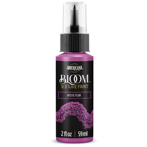 DecoArt Bloom Texture Paint in Mystic Plum, showing a vibrant, textured purple and pink abstract design on a canvas.
