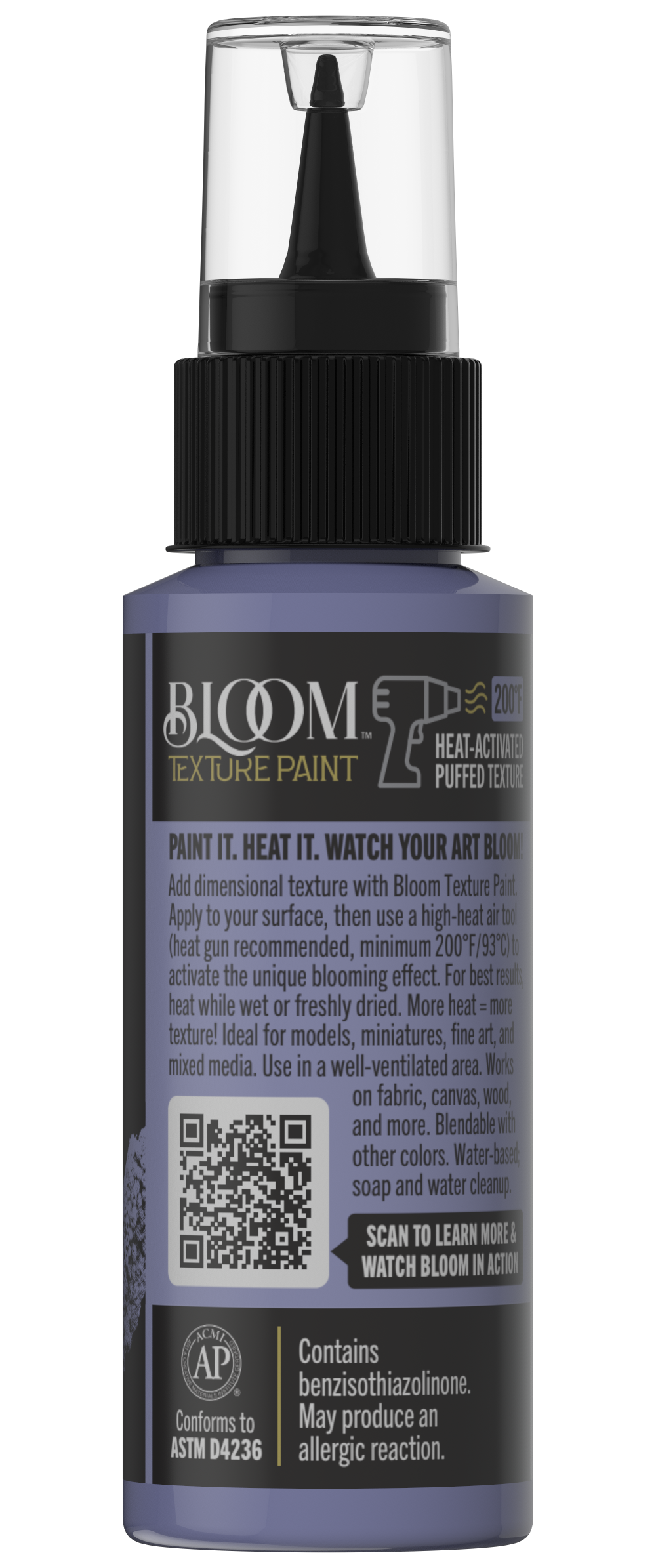Retique It® Bloom Texture Paint 4-pack in Bloomed Violet, showing textured paint cans with vibrant purple finish and artistic background.