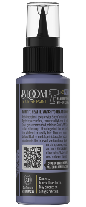 Retique It® Bloom Texture Paint 4-pack in Bloomed Violet, showing textured paint cans with vibrant purple finish and artistic background.