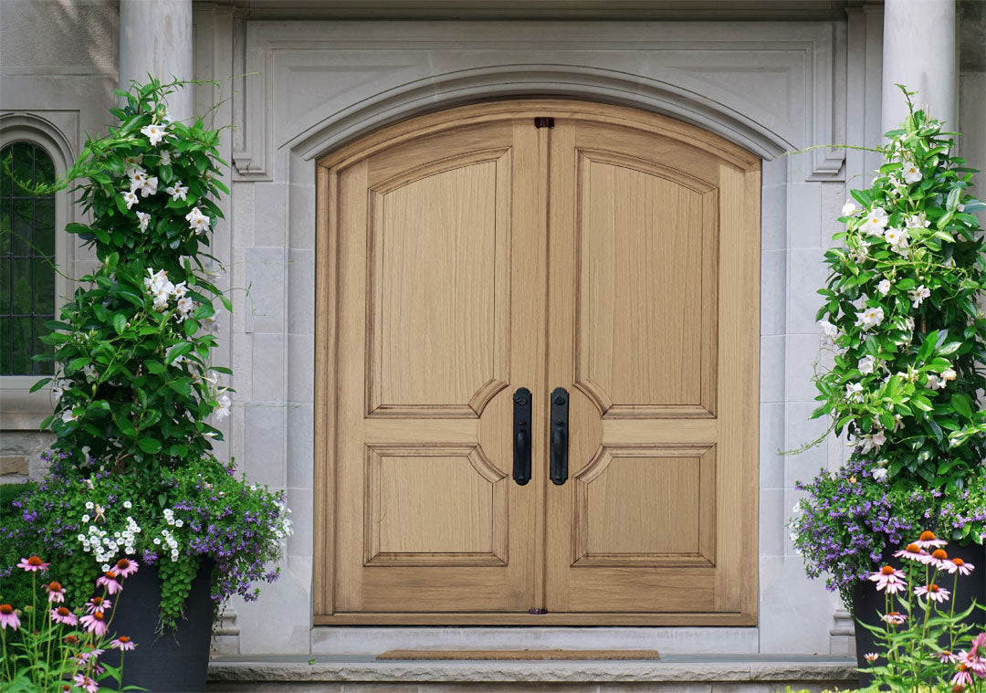 Retique It® Raw Wood Kit in Light Wood finish, medium-sized wood finishing kit with natural grain details on a double front door.
