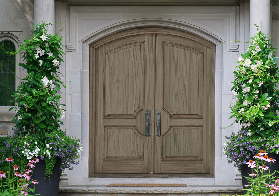 Retique It® Wood'n Finish double front door kit with weathered wood stain, showcasing rustic, textured wooden door design.