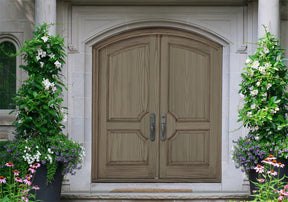 Retique It® Wood'n Finish double front door kit with weathered wood stain, showcasing rustic, textured wooden door design.