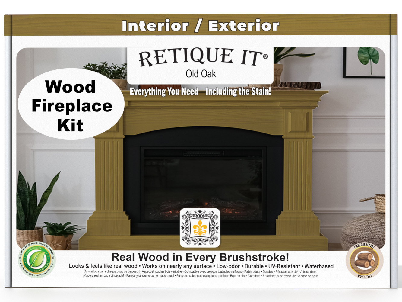 Retique It® Fireplace Wood'n Finish Kit in Old Oak stain for full fireplace, showing wood stain application and finished surface.
