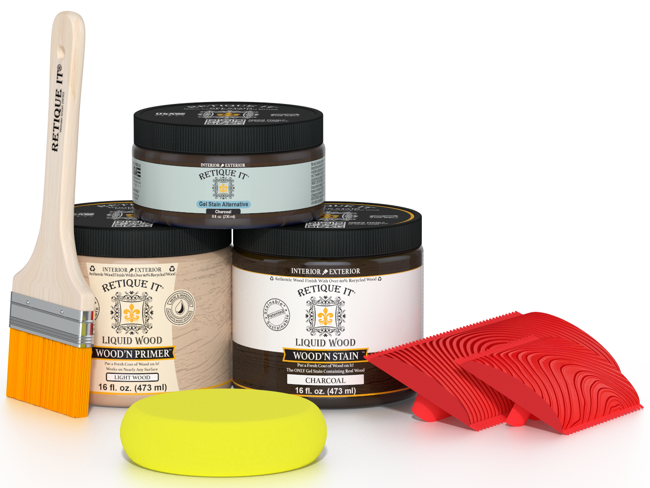 Retique It® Wood'n Kit Medium in Charcoal showing wooden finish application with brushes and tools for multi-purpose wood finishing.