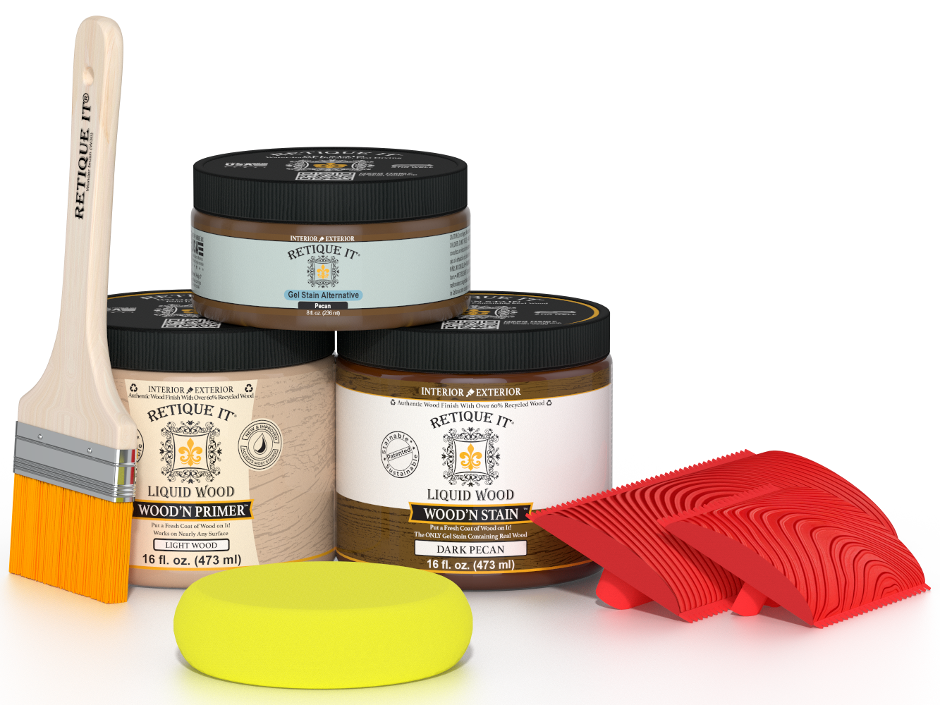 Retique It® Wood'n Finish Kit in Dark Pecan, multi-purpose wood finishing set with applicator tools and product bottles.