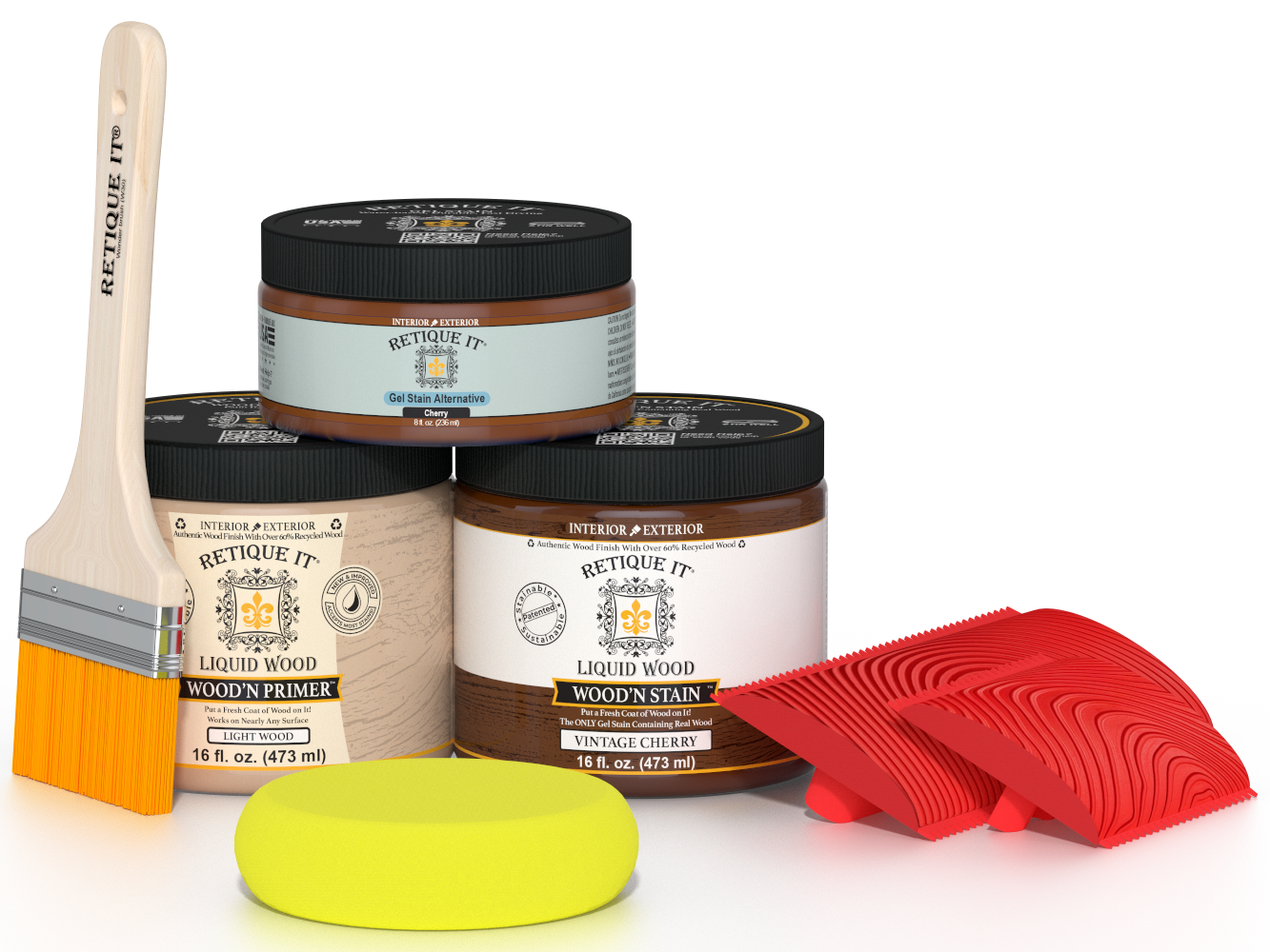 Retique It® Wood'n Finish Kit in Vintage Cherry, medium-sized set with brushes and finishing supplies for wood furniture.