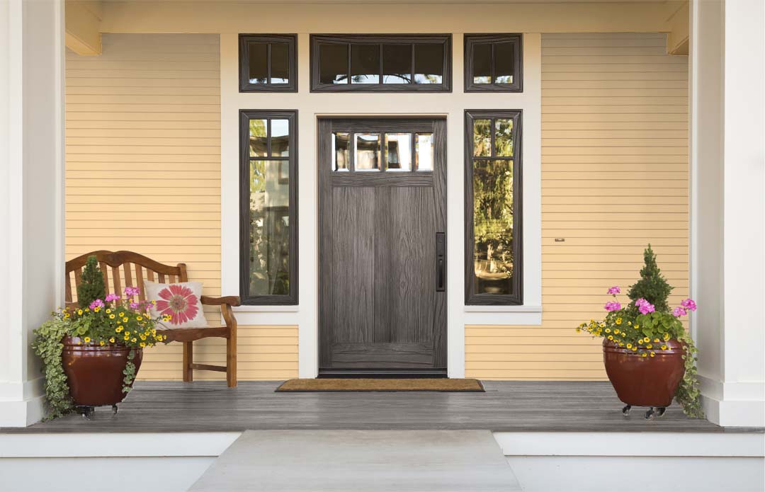 Retique It Wood'n Finish Kit in Harbor Gray for exterior wood surfaces, featuring textured, grained top coat on a front door.