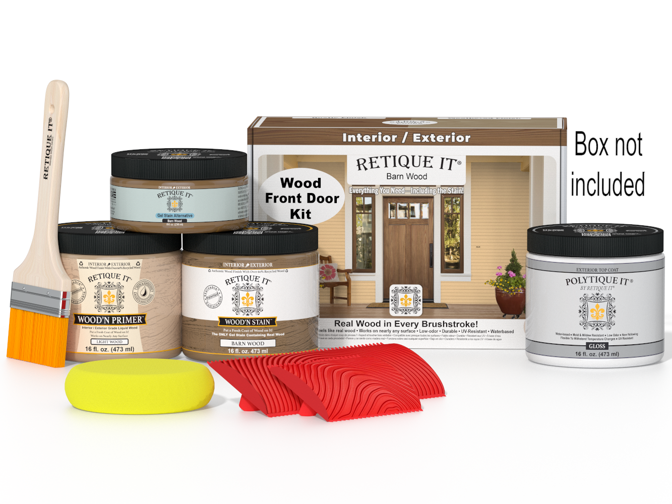 Retique It® Wood'n Finish Front Door Kit in Dark Oak stain, showing assembled door with rich wood grain and dark oak finish.